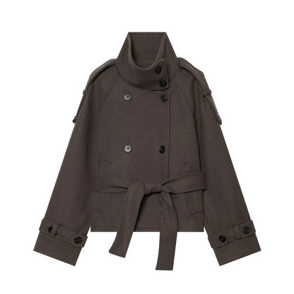 Ladies short cape jacket made of wool blend with high standing collar, double-breasted and tie belt EVA-US
