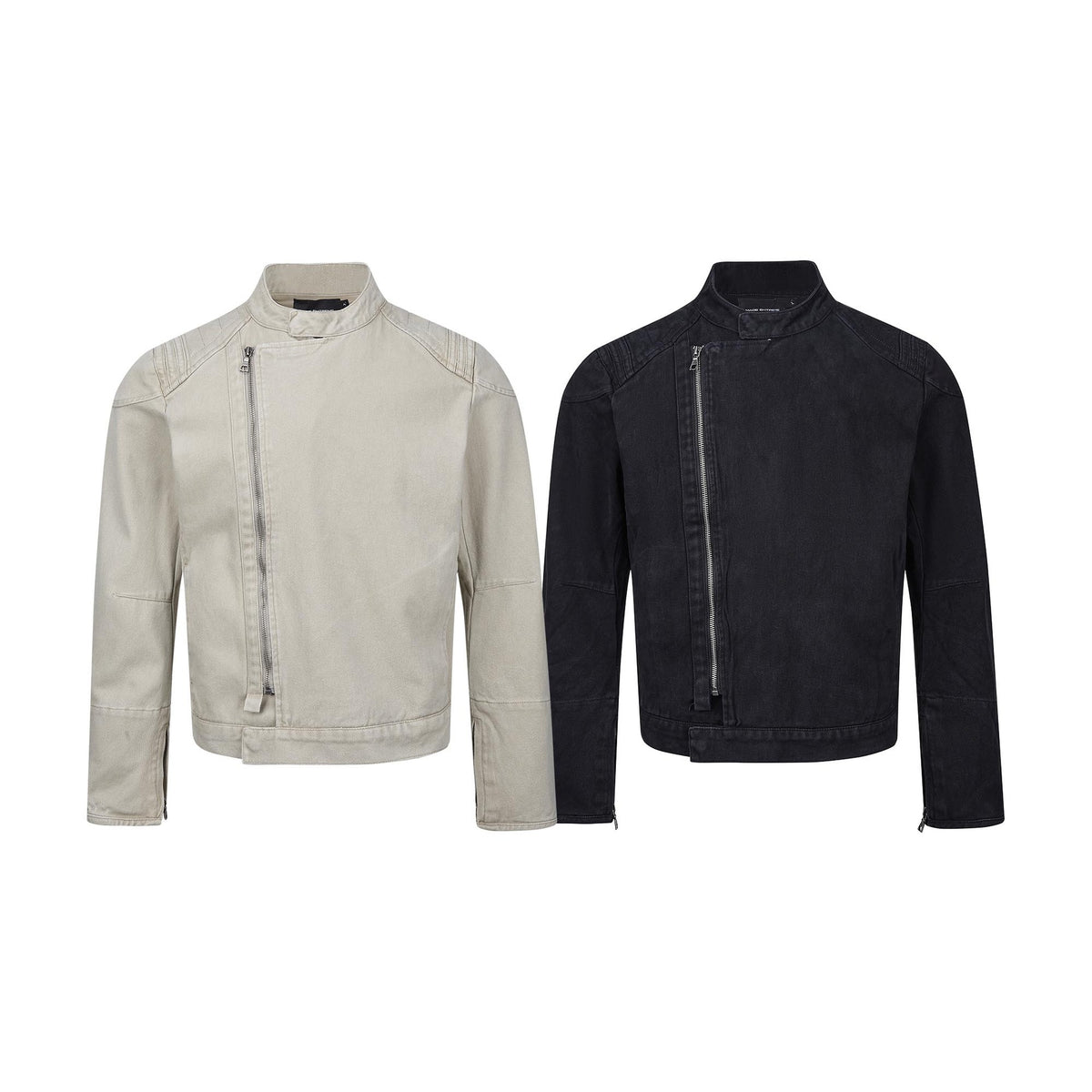 Men's short-cut asymmetric canvas biker jacket with funnel collar and zipper detail EVA-US