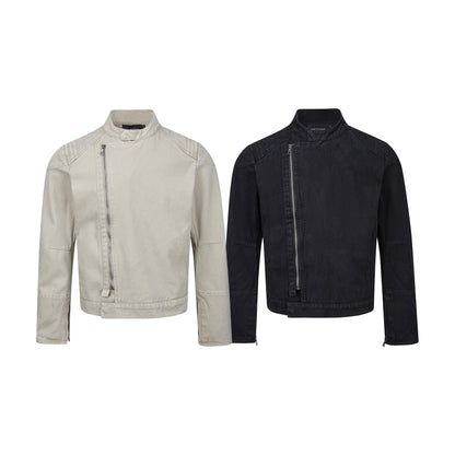 Men's short-cut asymmetric canvas biker jacket with funnel collar and zipper detail EVA-US