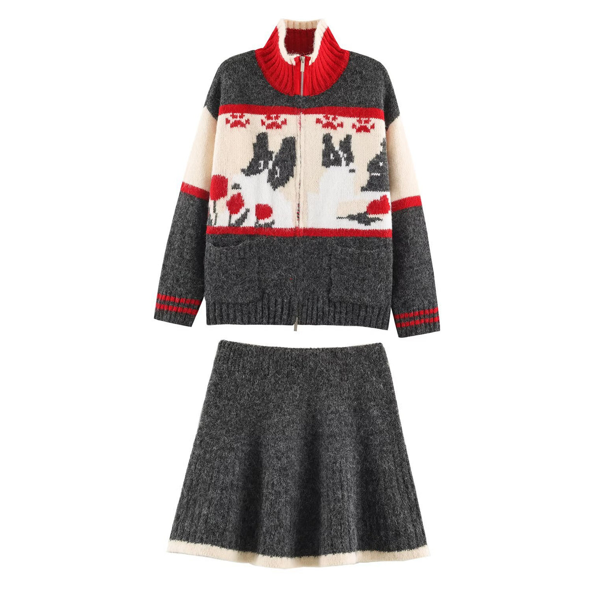 Women's Knit Two-Piece with Zipper Jacket and Flared Wool Blend Skirt EVA-US