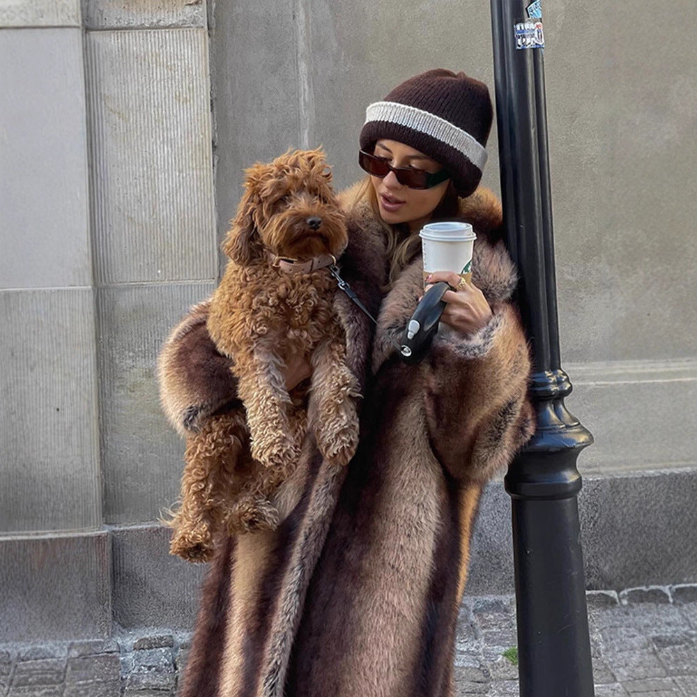 Women Maxilength Oversize Faux Fur Coat with Vintage Cut and Wide Lapel Collar EVA-US