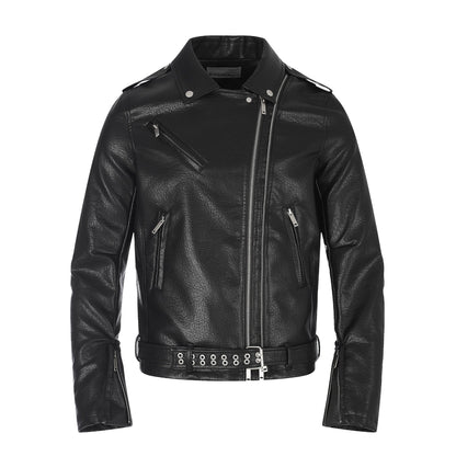 Men's faux leather biker jacket with asymmetrical zipper and eyelet belt EVA-US
