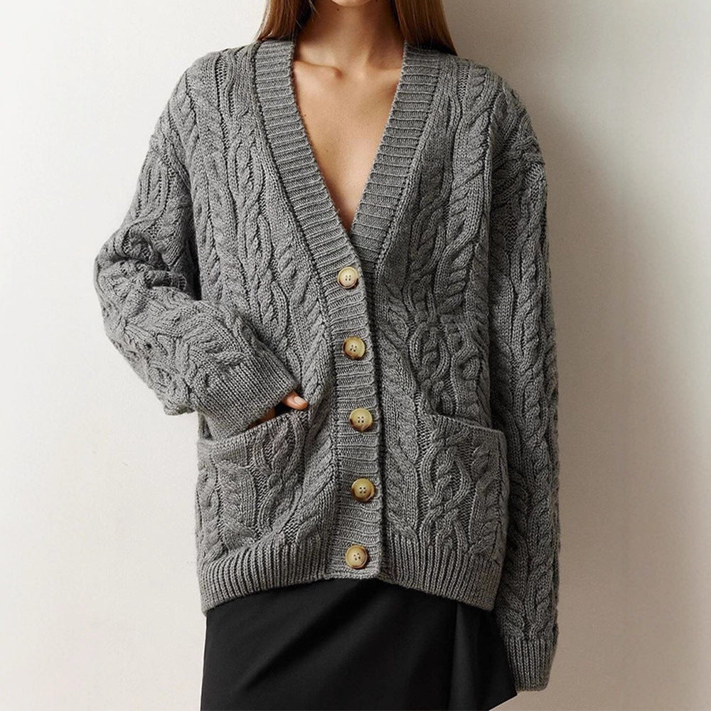 Women's Oversize Cable Knit Cardigan with V-Neck and Patch Pockets EVA-US