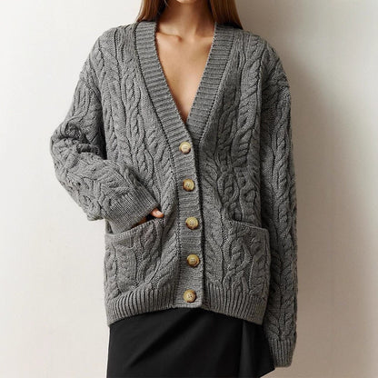 Women's Oversize Cable Knit Cardigan with V-Neck and Patch Pockets EVA-US