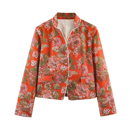 Women's short blazer in brocade jacquard with stand-up collar and piped edge EVA-US