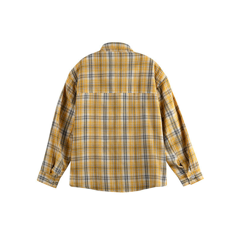 Women's Loose Checkered Shirt Blouse in Boxy Relaxed Cut with Patch Breast Pocket and Fine Embroidery EVA-US