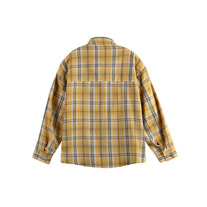 Women's Loose Checkered Shirt Blouse in Boxy Relaxed Cut with Patch Breast Pocket and Fine Embroidery EVA-US