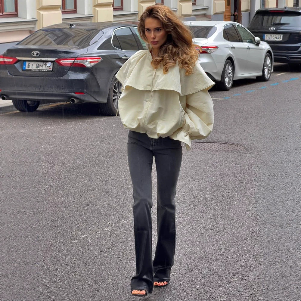 Women's oversized jacket with cape collar, balloon sleeves, and drawstring EVA-US