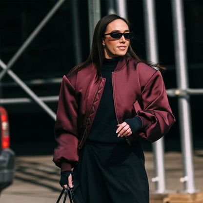 Ladies Short Satin Bomber with Boxy Silhouette, Flap Pockets and Elastic Cuff EVA-US