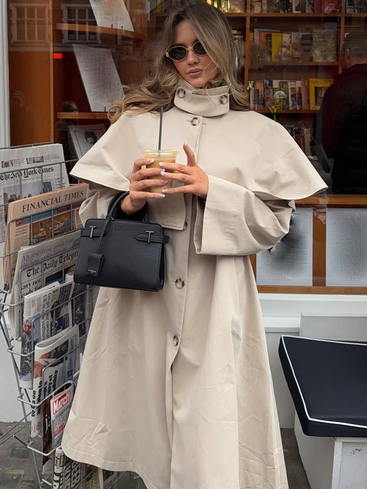 Women's Oversized Trench Coat with Cape Detail and High Stand Collar EVA-US