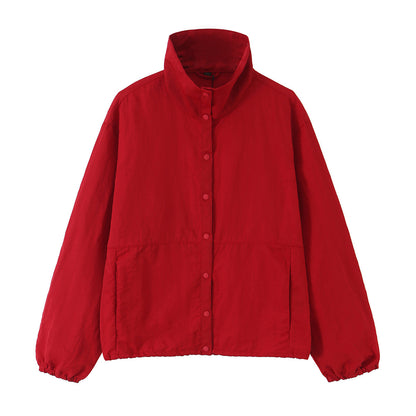 Women's Boxy Transitional Jacket with Stand Collar and Snap Placket EVA-US