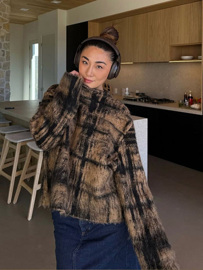 Women's Fluffy Sweater in Vintage Check with High Collar and Frayed Hem EVA-US