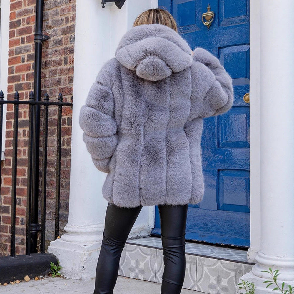 Ladies short coat made of faux fur with voluminous panels and shawl collar EVA-US