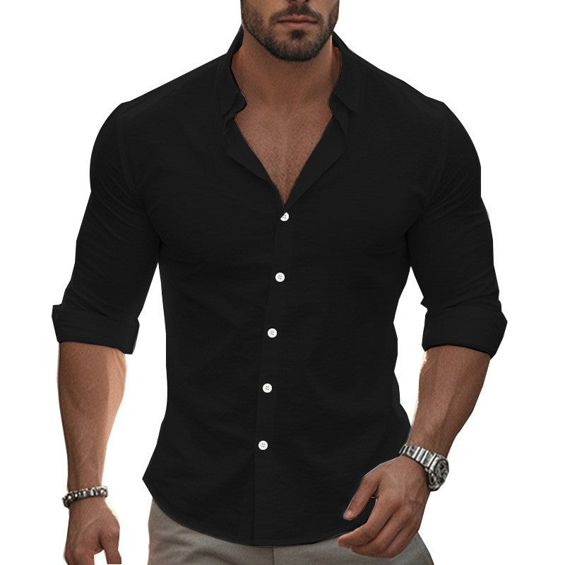 Men's fitted stretch shirt with stand-up collar, slim fit and rolled-up sleeves EVA-US