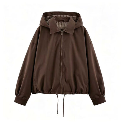 Women's Lightweight Hoodie Jacket in Cropped Oversize Fit with Drawstring Hem and Concealed Zipper EVA-US