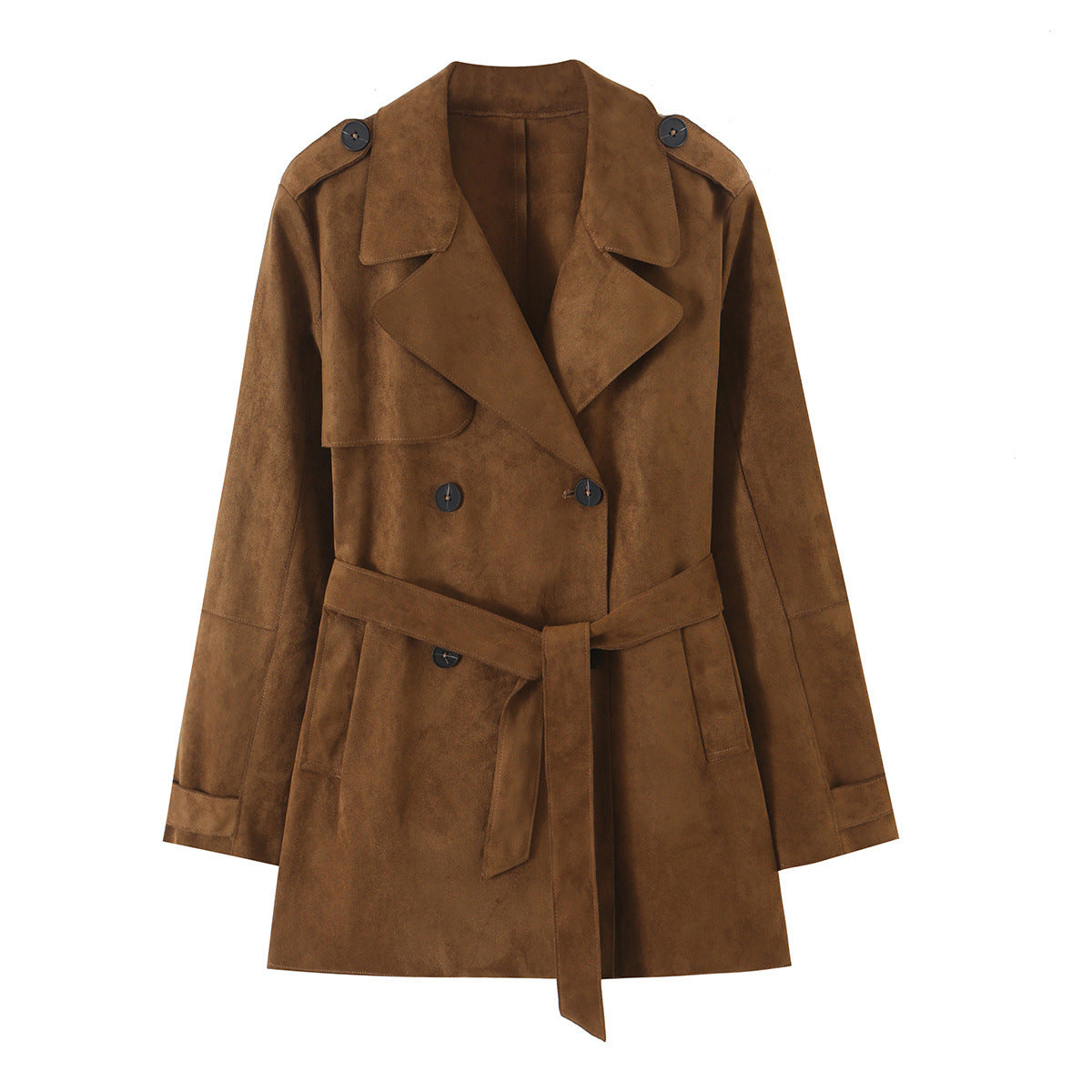 Women's Tailored Short Trench in Suede Look with Double-Breasted Button Placket and Epaulettes EVA-US