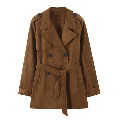 Women's Tailored Short Trench in Suede Look with Double-Breasted Button Placket and Epaulettes EVA-US