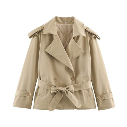 Women's Tailored Short Trench Coat with Tie Belt and Shoulder Patches EVA-US