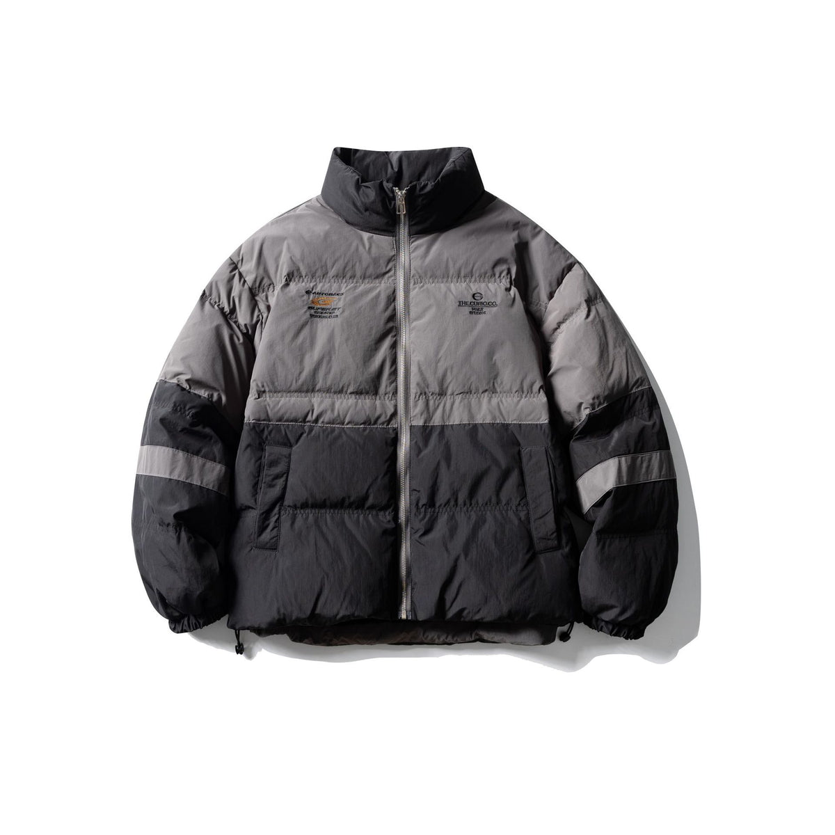 Men's color block quilted short jacket with high stand-up collar and drawstring hem