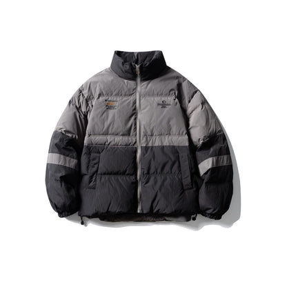 Men's color block quilted short jacket with high stand-up collar and drawstring hem