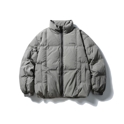Men's Boxy Quilted Jacket with High Stand-Up Collar, Checked Quilting, and Elastic Hem