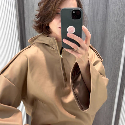 Women Oversize Hoodie with Half Zipper, Balloon Sleeves & Drawstring Hood