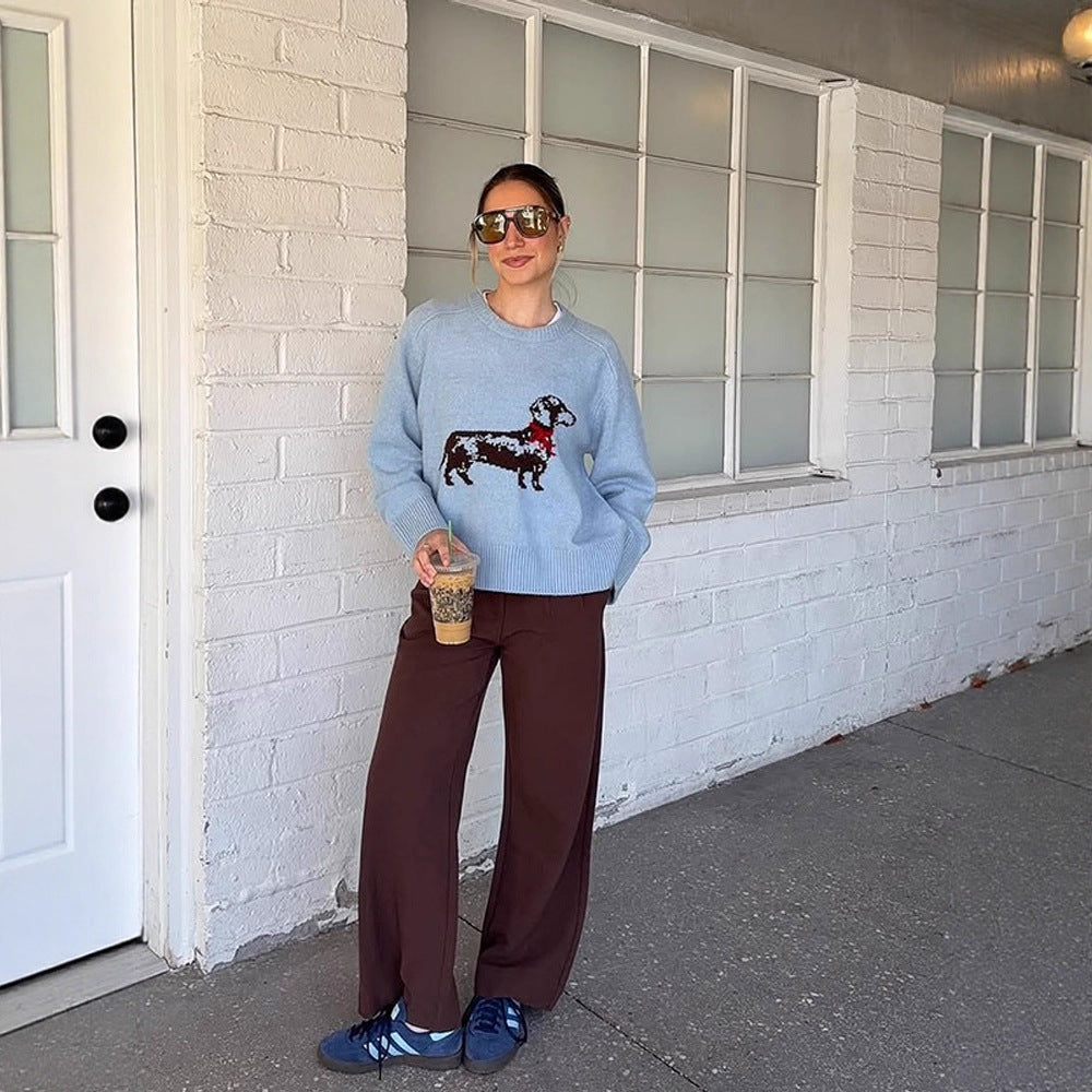 Women's knit sweater with dachshund intarsia and relaxed oversized fit EVA-US