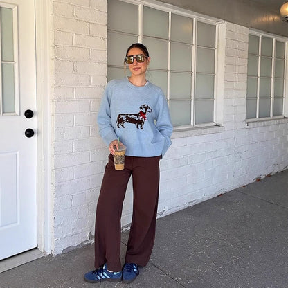 Women's knit sweater with dachshund intarsia and relaxed oversized fit EVA-US