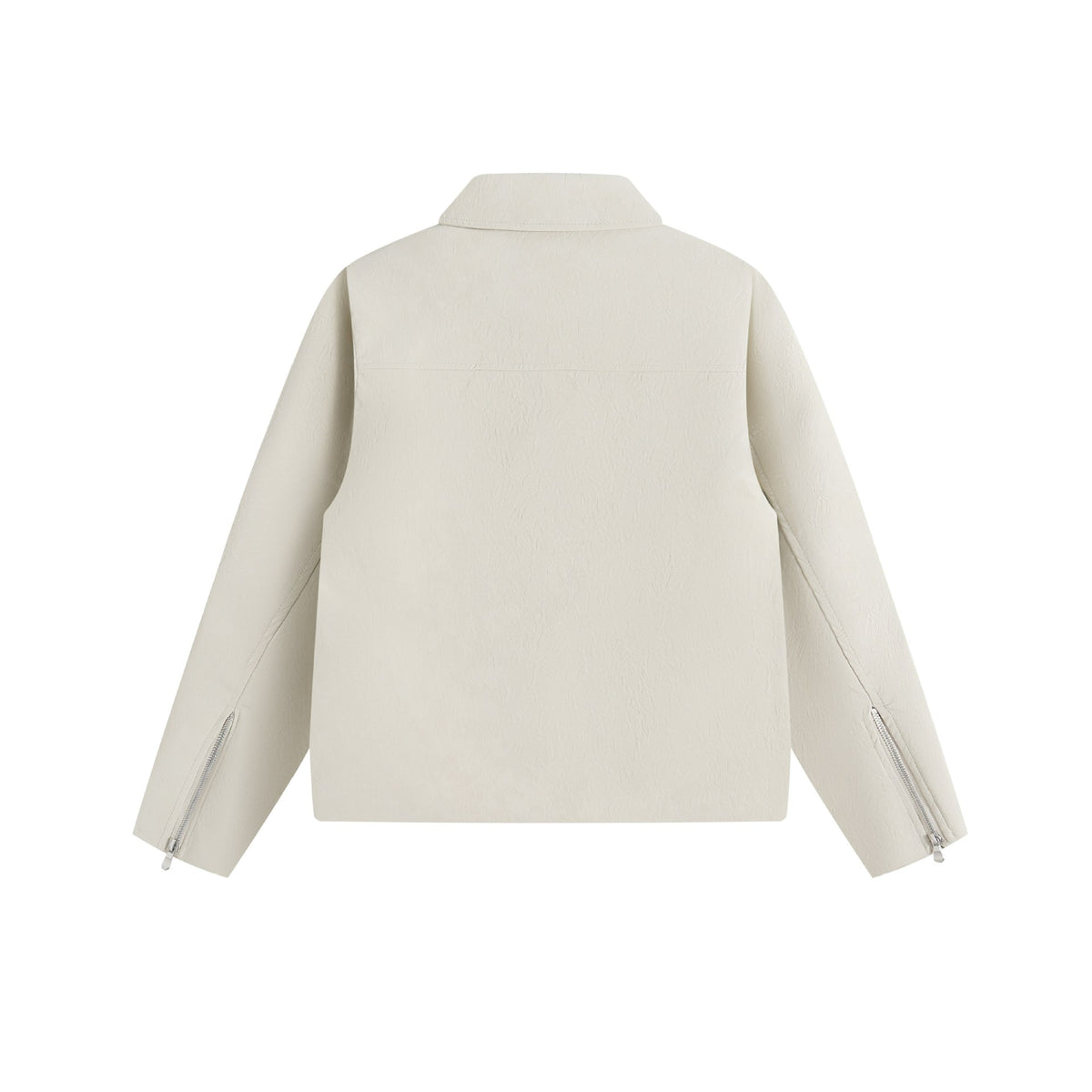 Men's short jacket in suede look with asymmetric front flap and geometric flap pockets.