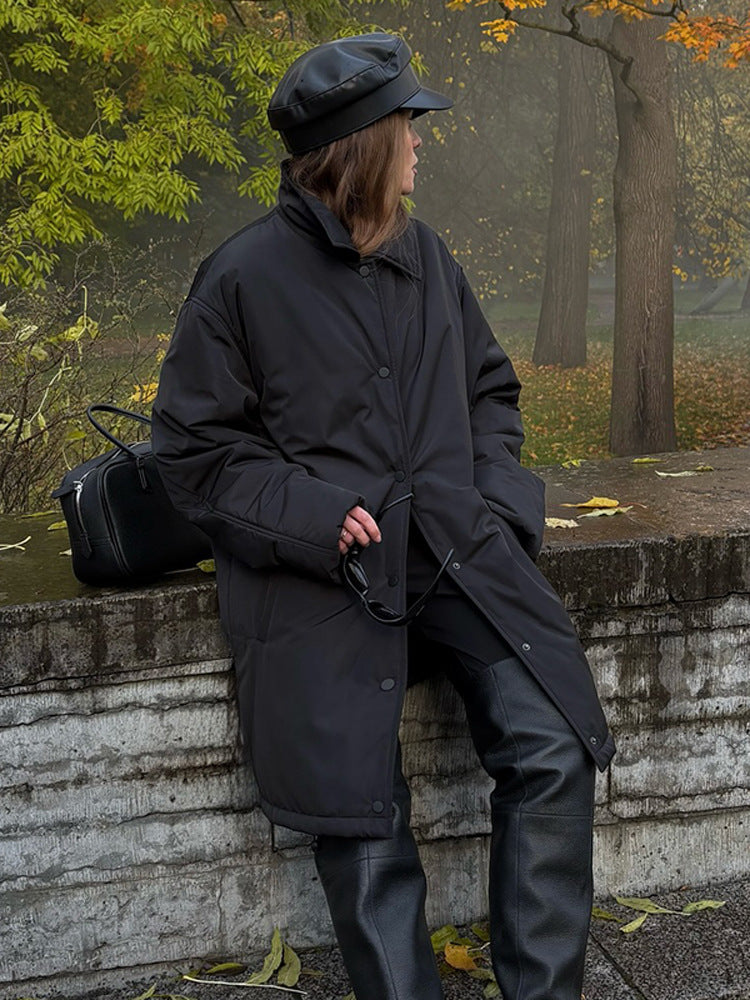 Women's transitional winter coat with minimalist quilting, high collar, and press stud closure EVA-US