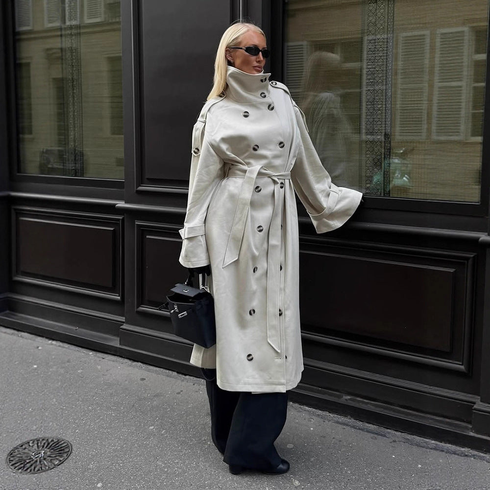 Women’s Long Trench Coat with High Standing Collar, Double-Breasted Button Placket and Wide Cuffs EVA-US