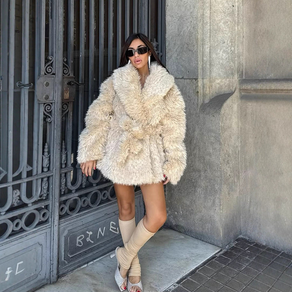 Women Short Cozy Faux Fur Coat with Waist Belt and Voluminous Shawl Collar EVA-US
