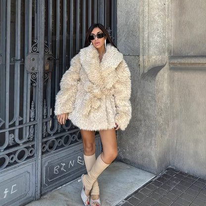 Women Short Cozy Faux Fur Coat with Waist Belt and Voluminous Shawl Collar EVA-US