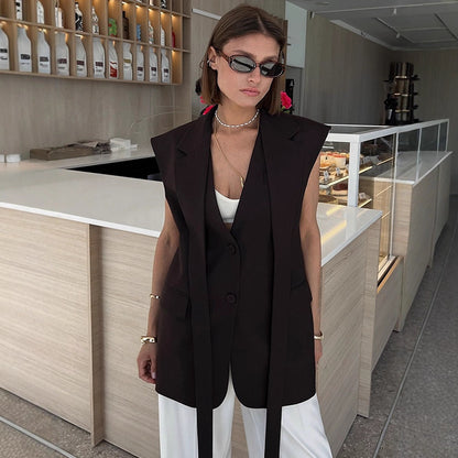 Women Sleeveless Long Blazer Vest with Structured Shoulders and Long Ties EVA-US