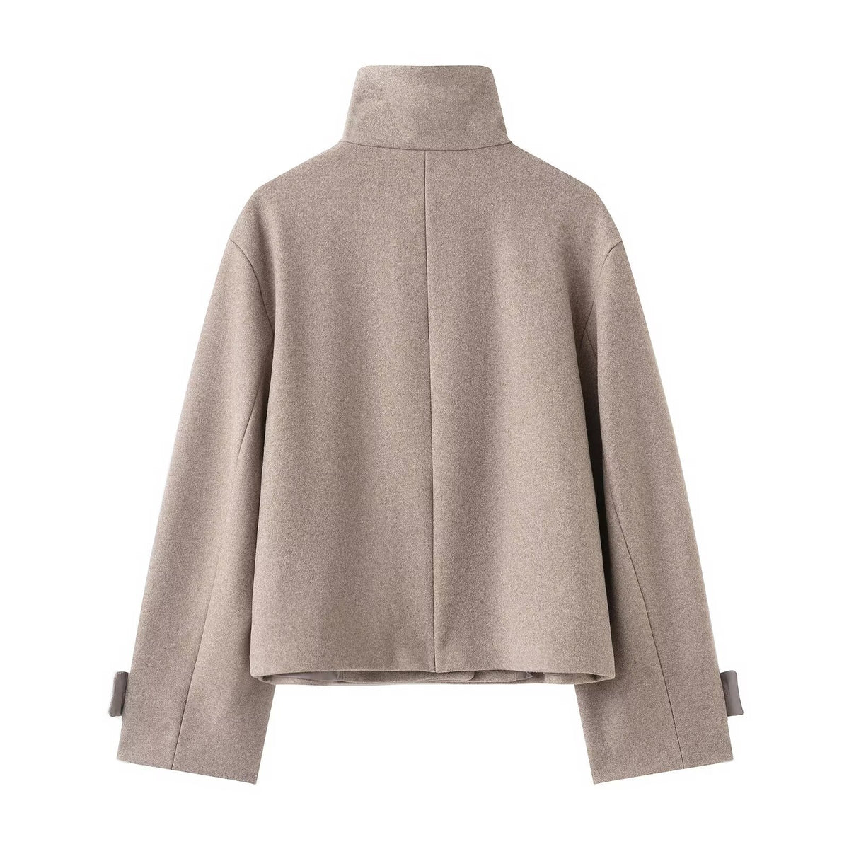 Women's Cropped Wool Blend Short Jacket with High Stand Collar, Asymmetric Button Placket and Cuffed Sleeves EVA-US