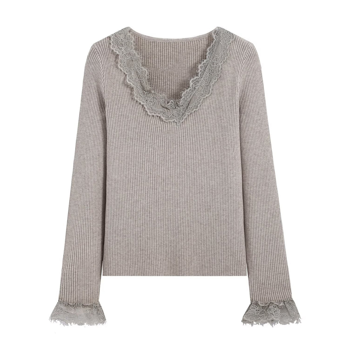 Women Two-Piece Ribbed Knit Set with Lace Trim EVA-US