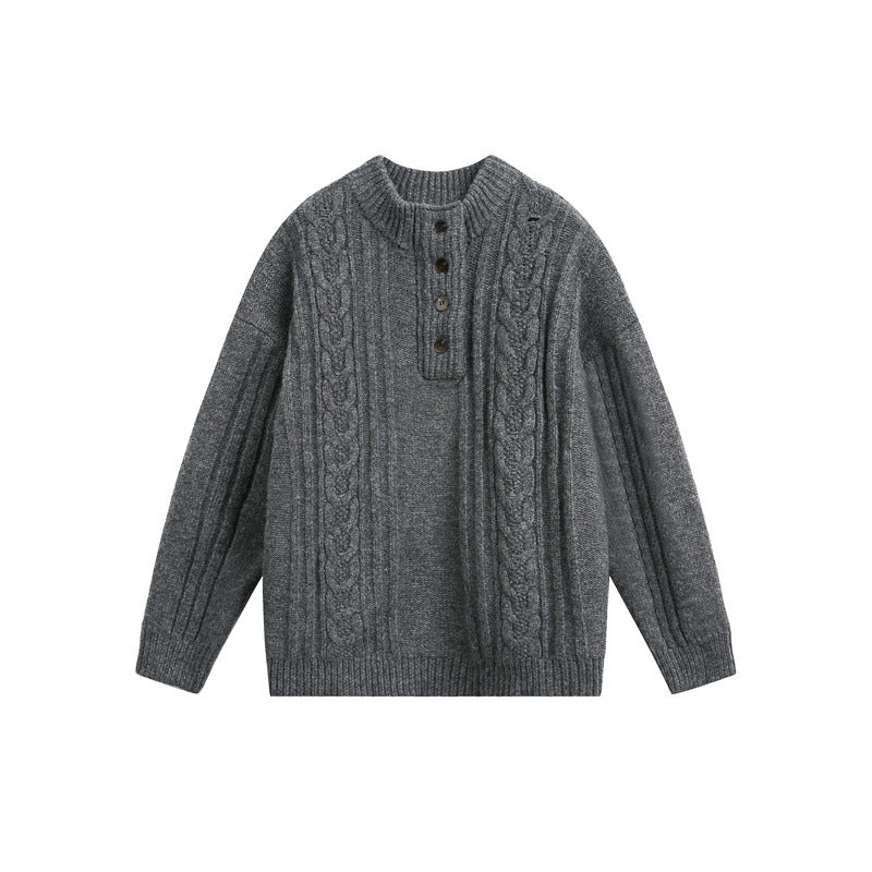 Women's Chunky Knit Cable Knit Sweater with Henley Placket and Stand-Up Collar EVA-US