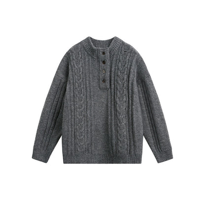 Women's Chunky Knit Cable Knit Sweater with Henley Placket and Stand-Up Collar EVA-US