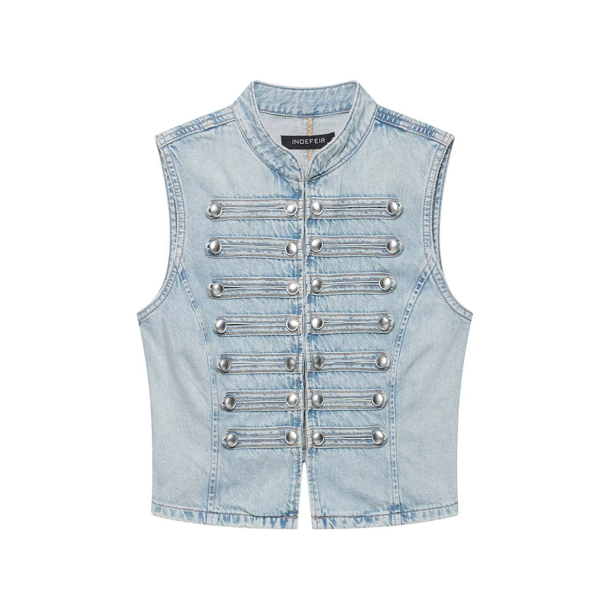 Women's jeans vest in military look with stand-up collar and decorative press stud placket EVA-US