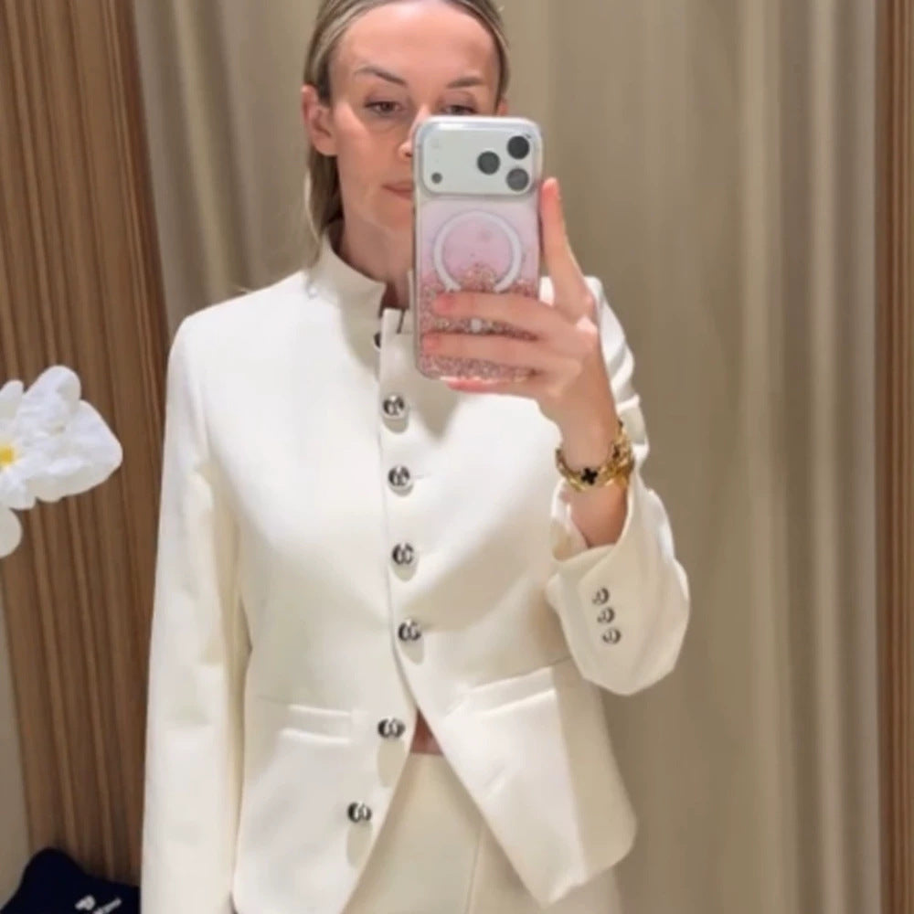 Women's Tailored Blazer with Stand Collar and Silver Decorative Buttons EVA-US