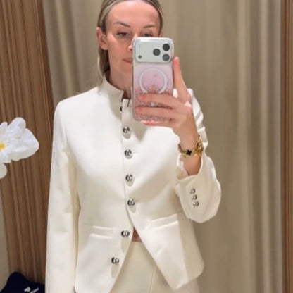 Women's Tailored Blazer with Stand Collar and Silver Decorative Buttons EVA-US