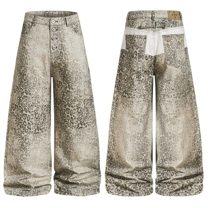 Women High-Waisted Balloon Jeans in Animal Print with Wide Culotte Cut and Button Placket EVA-US