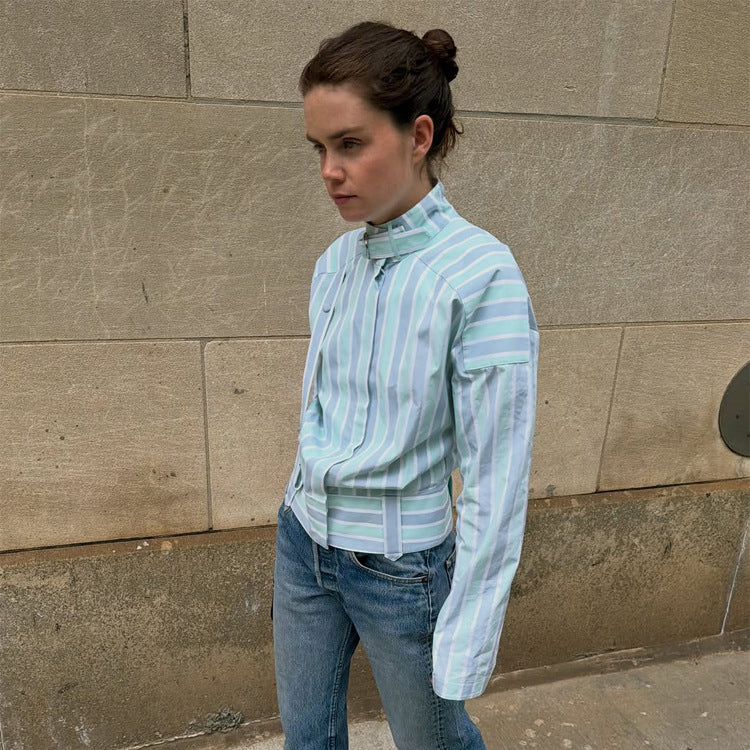 Women's Structured Blouse with Stand Collar, Waist Belt and Vertical Stripe Design EVA-US