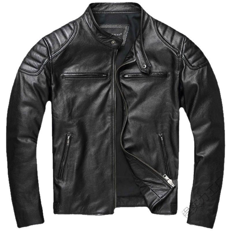 Men's leather jacket in vintage biker style with chest pockets and zipper EVA-US