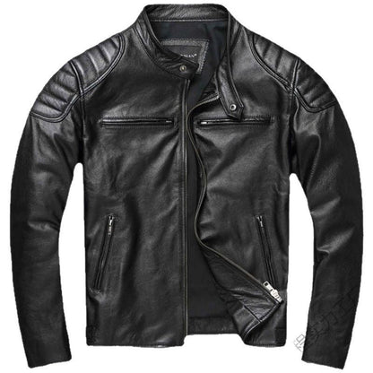 Men's leather jacket in vintage biker style with chest pockets and zipper EVA-US