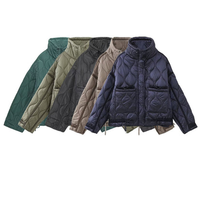 Women's quilted jacket with standing collar oversized short jacket with drawstring EVA-US