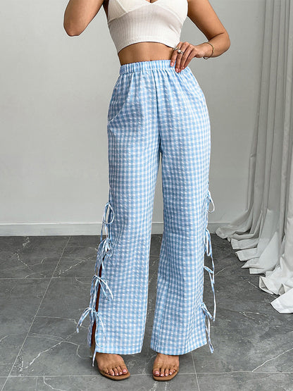 Women High-Waist Linen-Look Pants with Gingham Check, Wide Leg & Side Tie Details EVA-US