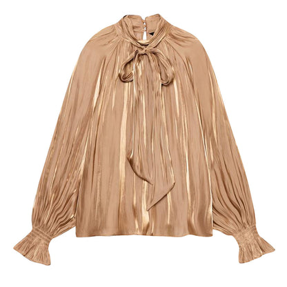 Women silk-like slip blouse with bow collar, pleated effect and ruched balloon sleeves EVA-US