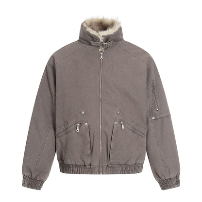 Men's Oversized Bomber Jacket in Vintage Canvas Look with Faux Fur Lined Stand Collar EVA-US
