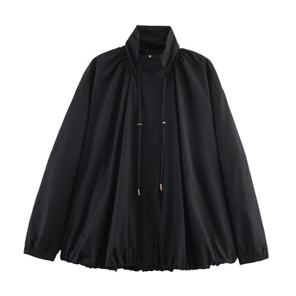 Women's Loose-Fitting Transitional Jacket with Drawstring Collar and Balloon-Shaped Hem EVA-US